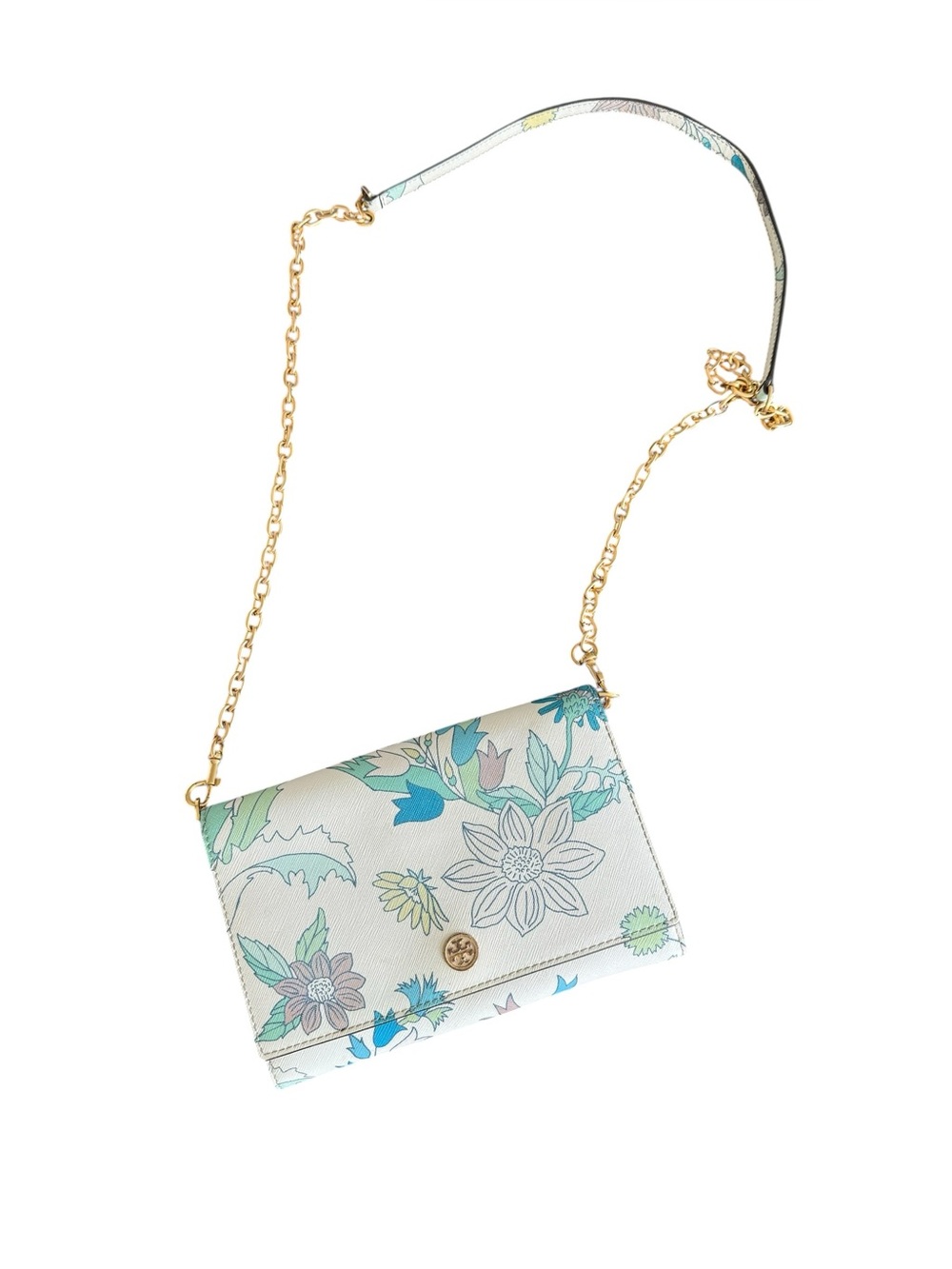 Tory Burch Robinson Floral Chain Wallet Crossbody Pastel Leather Gold Chain
